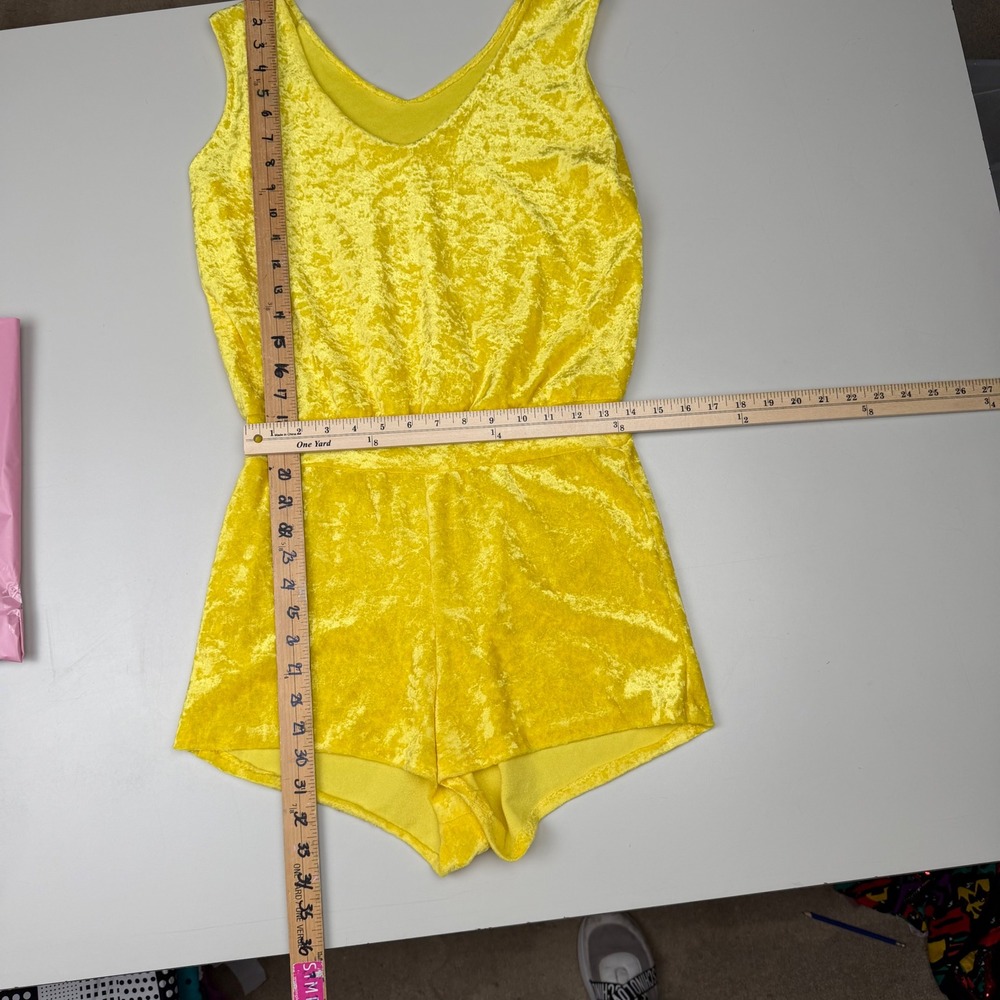 Vintage Yellow Crushed Velvet Romper Sleeveless V-Neck Retro Dopamine Kidcore S - Picture 3 of 9